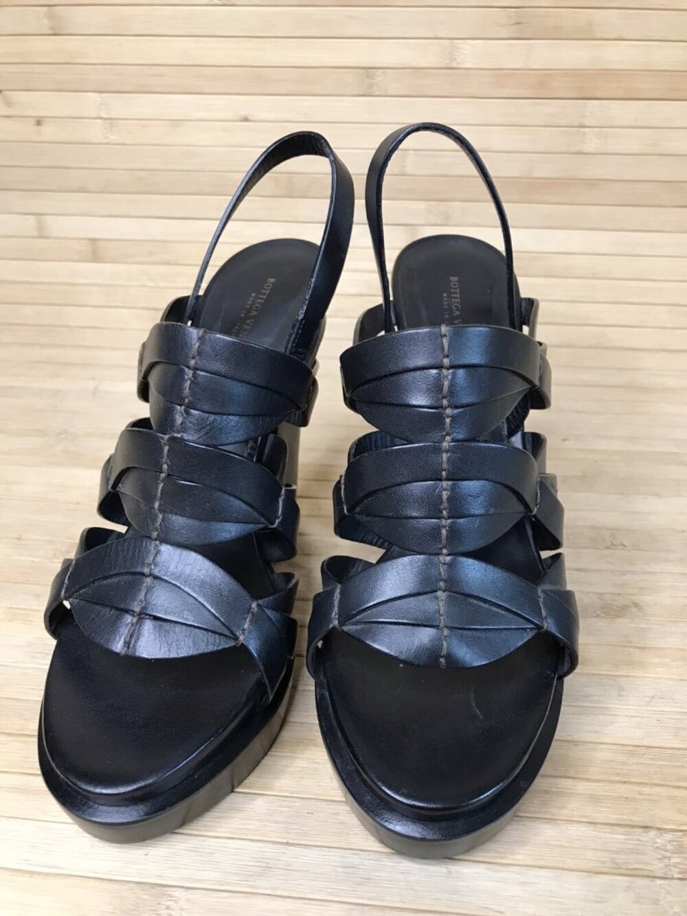 Bottega Veneta Black Woven Leather Strappy High Heels Open Toe Women's 38.5 EUC - Picture 4 of 9
